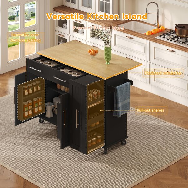 Sleek Kitchen Trolley with Drop Leaf, Pull-Out Organiser, Mobile Kitchen Island with Lockable Castors, 120L x 40W x 90H cm, Black+Natural Aosom UK