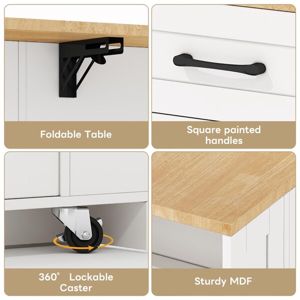 Mobile Kitchen Island with Foldable Tabletop and Sockets, Storage Buffet with Adjustable Shelves, 120L x 65W x 92H cm, White+Natural Aosom UK