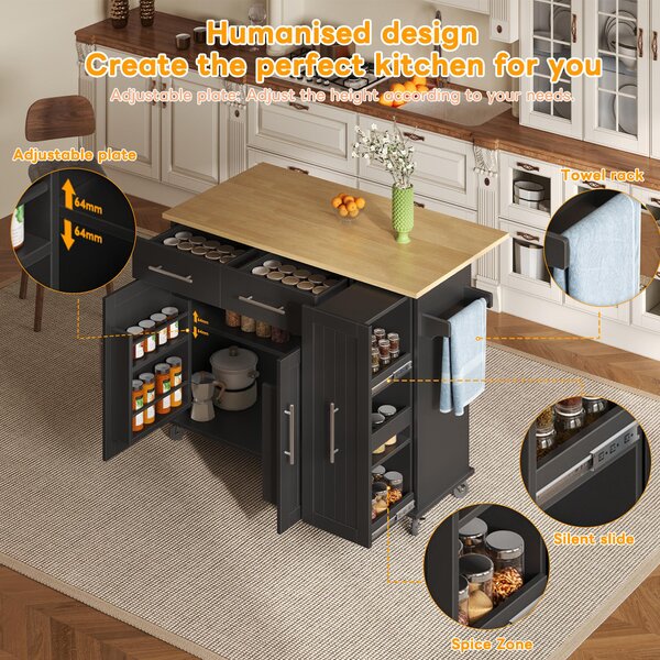 Sleek Kitchen Trolley with Drop Leaf, Pull-Out Organiser, Mobile Kitchen Island with Lockable Castors, 120L x 40W x 90H cm, Black+Natural Aosom UK