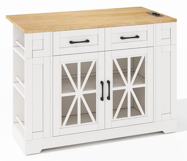 Mobile Kitchen Island with Foldable Tabletop and Sockets, Storage Buffet with Adjustable Shelves, 120L x 65W x 92H cm, White+Natural Aosom UK