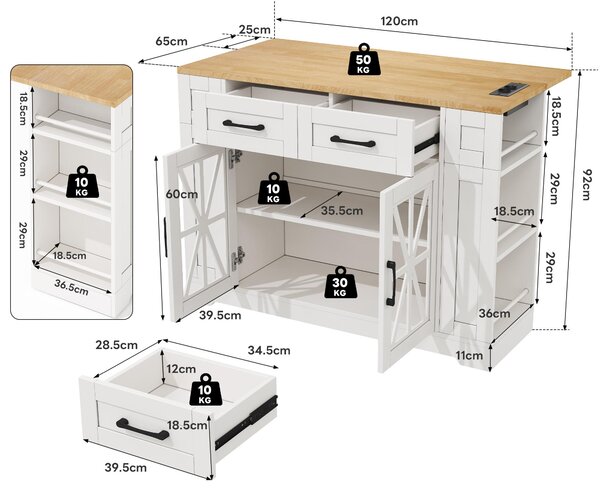 Mobile Kitchen Island with Foldable Tabletop and Sockets, Storage Buffet with Adjustable Shelves, 120L x 65W x 92H cm, White+Natural Aosom UK
