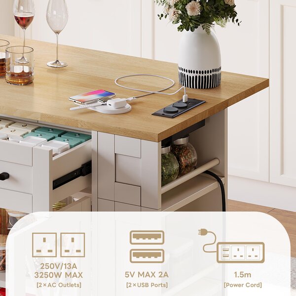Mobile Kitchen Island with Foldable Tabletop and Sockets, Storage Buffet with Adjustable Shelves, 120L x 65W x 92H cm, White+Natural Aosom UK