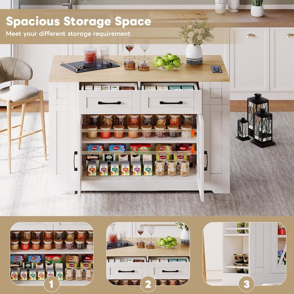Mobile Kitchen Island with Foldable Tabletop and Sockets, Storage Buffet with Adjustable Shelves, 120L x 65W x 92H cm, White+Natural Aosom UK