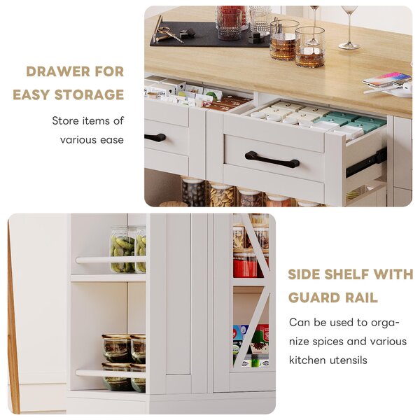 Mobile Kitchen Island with Foldable Tabletop and Sockets, Storage Buffet with Adjustable Shelves, 120L x 65W x 92H cm, White+Natural Aosom UK