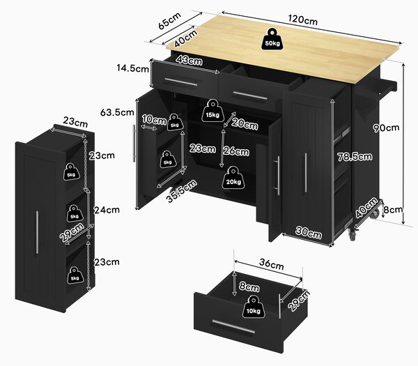 Sleek Kitchen Trolley with Drop Leaf, Pull-Out Organiser, Mobile Kitchen Island with Lockable Castors, 120L x 40W x 90H cm, Black+Natural Aosom UK