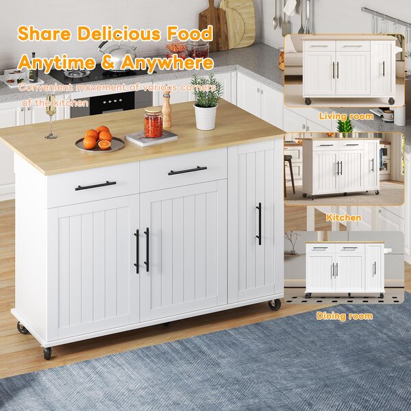 Sleek Kitchen Trolley with Drop Leaf, Pull-Out Organiser, Mobile Kitchen Island with Lockable Castors, 120L x 40W x 90H cm, White+Natural Aosom UK