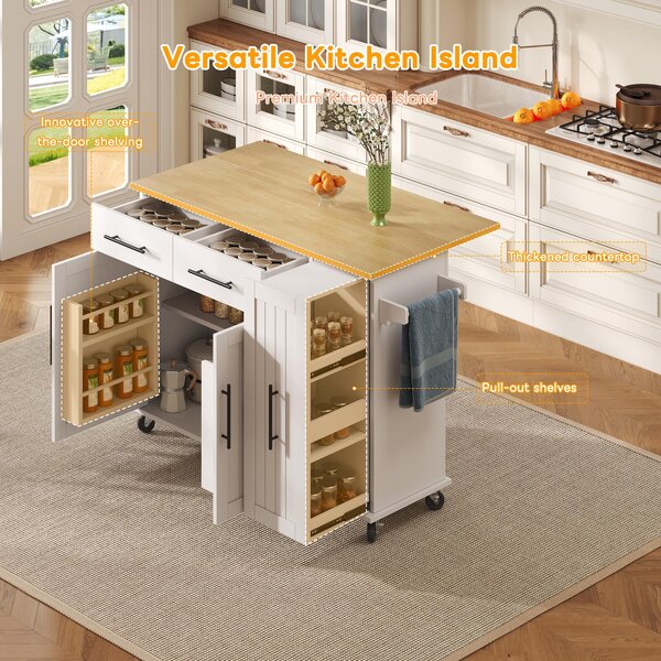 Sleek Kitchen Trolley with Drop Leaf, Pull-Out Organiser, Mobile Kitchen Island with Lockable Castors, 120L x 40W x 90H cm, White+Natural Aosom UK