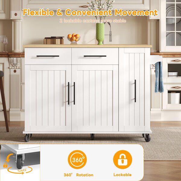 Sleek Kitchen Trolley with Drop Leaf, Pull-Out Organiser, Mobile Kitchen Island with Lockable Castors, 120L x 40W x 90H cm, White+Natural Aosom UK
