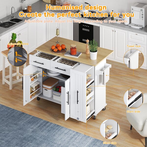 Sleek Kitchen Trolley with Drop Leaf, Pull-Out Organiser, Mobile Kitchen Island with Lockable Castors, 120L x 40W x 90H cm, White+Natural Aosom UK