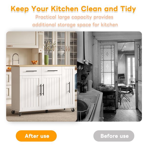 Sleek Kitchen Trolley with Drop Leaf, Pull-Out Organiser, Mobile Kitchen Island with Lockable Castors, 120L x 40W x 90H cm, White+Natural Aosom UK