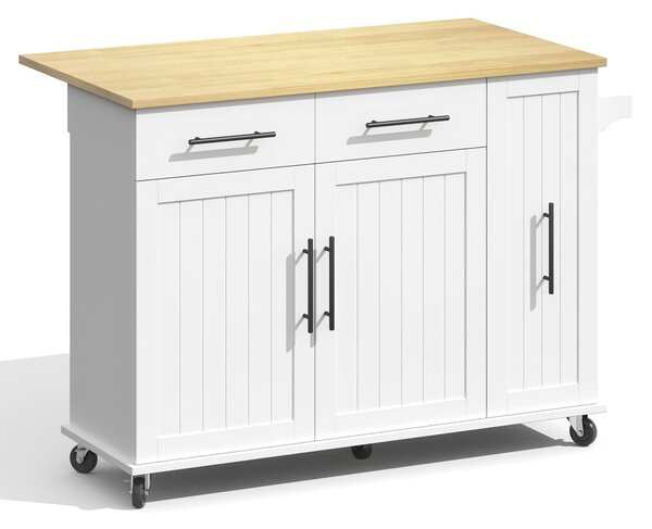 Sleek Kitchen Trolley with Drop Leaf, Pull-Out Organiser, Mobile Kitchen Island with Lockable Castors, 120L x 40W x 90H cm, White+Natural Aosom UK