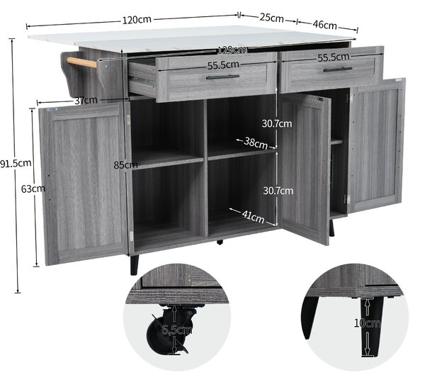 Sleek Kitchen Trolley with 2 Drawers and Foldable Tabletop, Mobile Kitchen Island with Wood Veneer, 129L x 46W x 91.5H cm, Grey+White Aosom UK