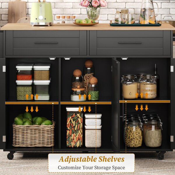 Sleek Kitchen Trolley with 2 Drawers and Cabinets, Mobile Kitchen Island with Foldable Tabletop, 129L x 46W x 91.5H cm, Black+Natural Aosom UK