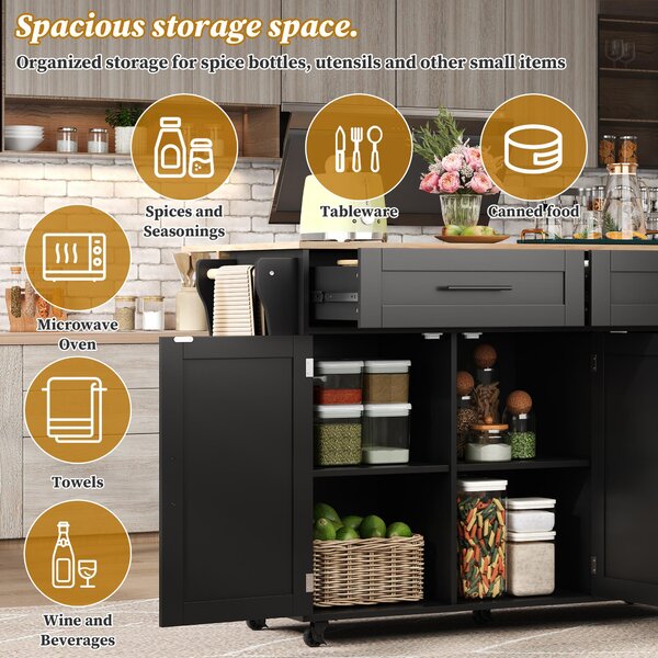 Sleek Kitchen Trolley with 2 Drawers and Cabinets, Mobile Kitchen Island with Foldable Tabletop, 129L x 46W x 91.5H cm, Black+Natural Aosom UK