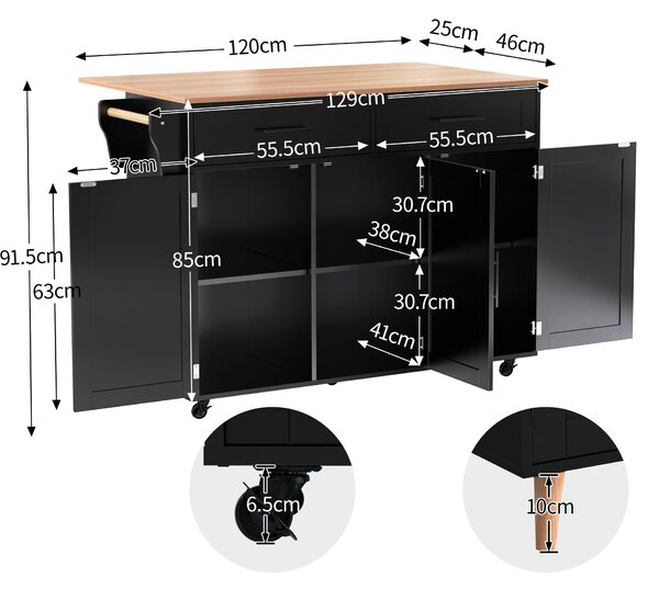 Sleek Kitchen Trolley with 2 Drawers and Cabinets, Mobile Kitchen Island with Foldable Tabletop, 129L x 46W x 91.5H cm, Black+Natural Aosom UK