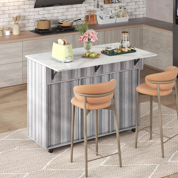 Sleek Kitchen Trolley with 2 Drawers and Foldable Tabletop, Mobile Kitchen Island with Wood Veneer, 129L x 46W x 91.5H cm, Grey+White Aosom UK