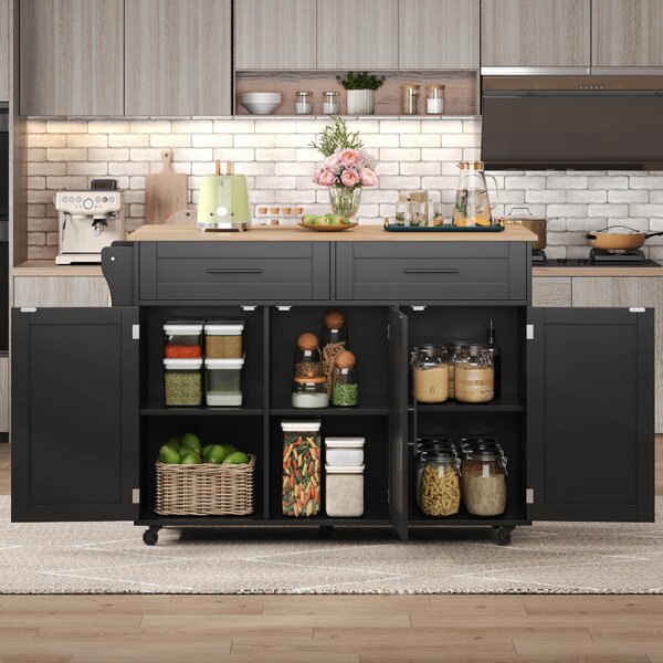Sleek Kitchen Trolley with 2 Drawers and Cabinets, Mobile Kitchen Island with Foldable Tabletop, 129L x 46W x 91.5H cm, Black+Natural Aosom UK