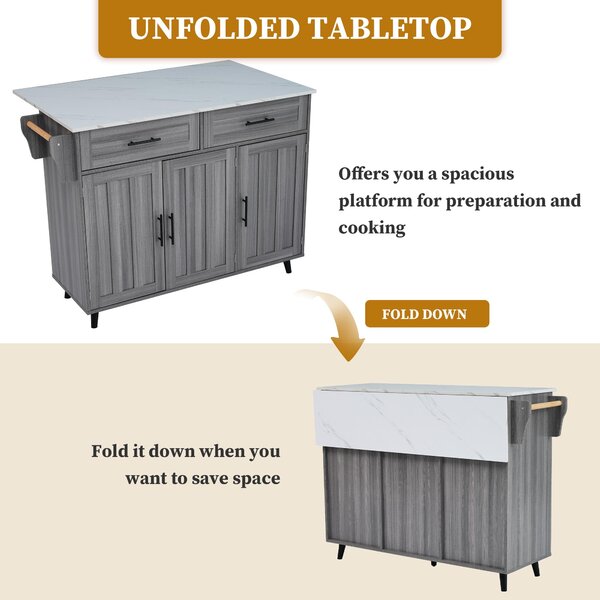 Sleek Kitchen Trolley with 2 Drawers and Foldable Tabletop, Mobile Kitchen Island with Wood Veneer, 129L x 46W x 91.5H cm, Grey+White Aosom UK