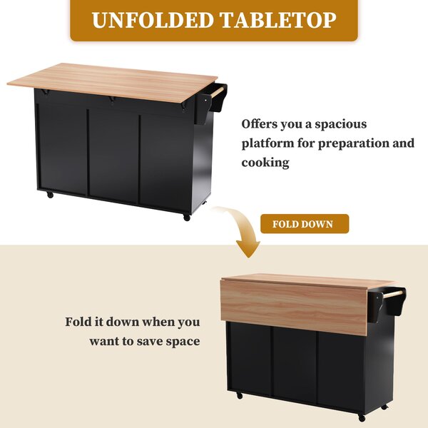 Sleek Kitchen Trolley with 2 Drawers and Cabinets, Mobile Kitchen Island with Foldable Tabletop, 129L x 46W x 91.5H cm, Black+Natural Aosom UK