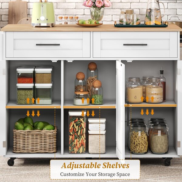 Modern Kitchen Trolley with 2 Drawers and Cabinets, Mobile Kitchen Island with Foldable Tabletop, 129L x 46W x 91.5H cm, White+Natural Aosom UK