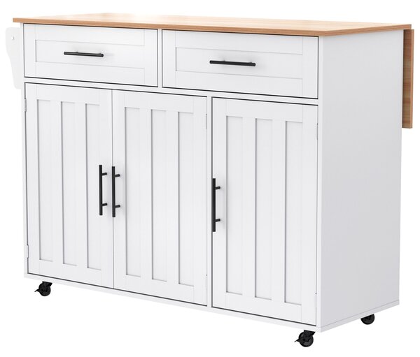Modern Kitchen Trolley with 2 Drawers and Cabinets, Mobile Kitchen Island with Foldable Tabletop, 129L x 46W x 91.5H cm, White+Natural Aosom UK