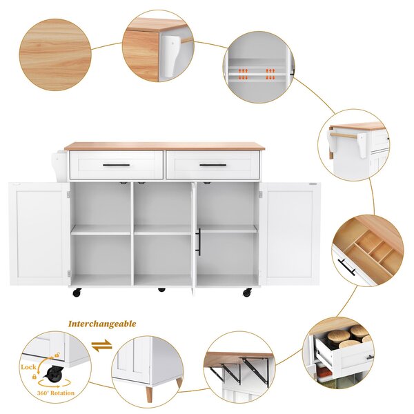 Modern Kitchen Trolley with 2 Drawers and Cabinets, Mobile Kitchen Island with Foldable Tabletop, 129L x 46W x 91.5H cm, White+Natural Aosom UK