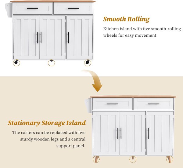 Modern Kitchen Trolley with 2 Drawers and Cabinets, Mobile Kitchen Island with Foldable Tabletop, 129L x 46W x 91.5H cm, White+Natural Aosom UK
