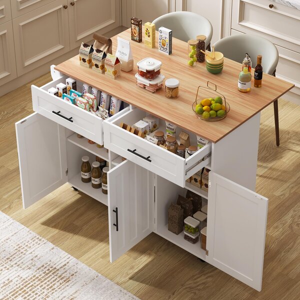 Modern Kitchen Trolley with 2 Drawers and Cabinets, Mobile Kitchen Island with Foldable Tabletop, 129L x 46W x 91.5H cm, White+Natural Aosom UK