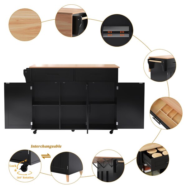 Sleek Kitchen Trolley with 2 Drawers and Cabinets, Mobile Kitchen Island with Foldable Tabletop, 129L x 46W x 91.5H cm, Black+Natural Aosom UK