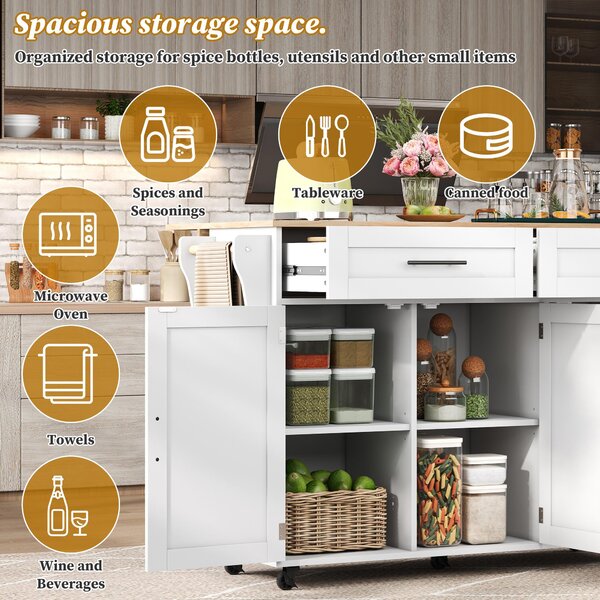 Modern Kitchen Trolley with 2 Drawers and Cabinets, Mobile Kitchen Island with Foldable Tabletop, 129L x 46W x 91.5H cm, White+Natural Aosom UK
