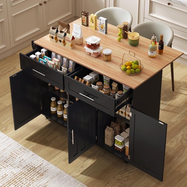 Sleek Kitchen Trolley with 2 Drawers and Cabinets, Mobile Kitchen Island with Foldable Tabletop, 129L x 46W x 91.5H cm, Black+Natural Aosom UK
