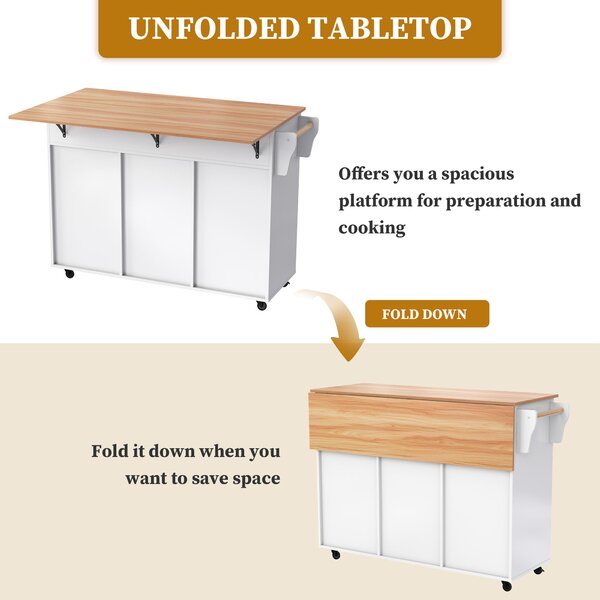 Modern Kitchen Trolley with 2 Drawers and Cabinets, Mobile Kitchen Island with Foldable Tabletop, 129L x 46W x 91.5H cm, White+Natural Aosom UK