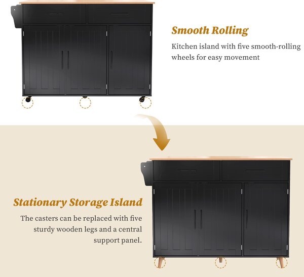 Sleek Kitchen Trolley with 2 Drawers and Cabinets, Mobile Kitchen Island with Foldable Tabletop, 129L x 46W x 91.5H cm, Black+Natural Aosom UK
