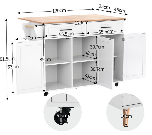 Modern Kitchen Trolley with 2 Drawers and Cabinets, Mobile Kitchen Island with Foldable Tabletop, 129L x 46W x 91.5H cm, White+Natural Aosom UK