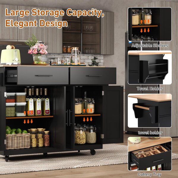 Contemporary Kitchen Storage Trolley with Foldable Dropleaf, Spacious Buffet with Towel Holders, 120L x 71W x 91.5H cm, Black+Natural Aosom UK