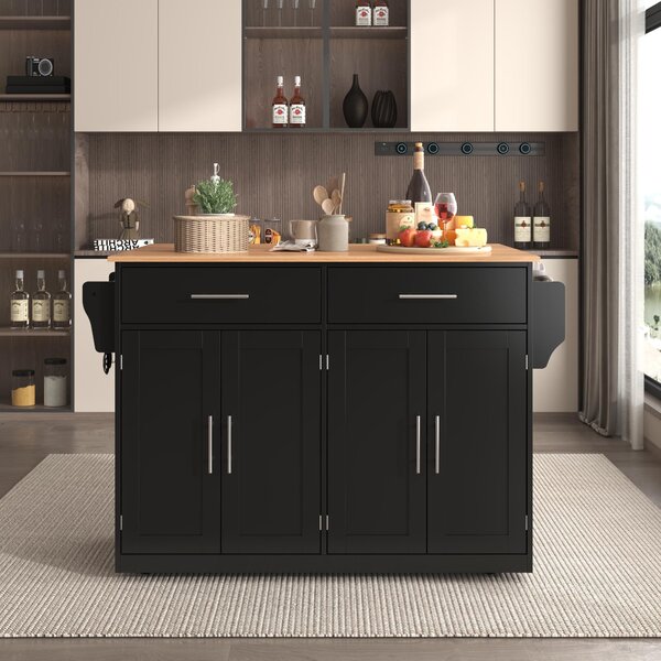 Contemporary Kitchen Storage Trolley with Foldable Dropleaf, Spacious Buffet with Towel Holders, 120L x 71W x 91.5H cm, Black+Natural Aosom UK