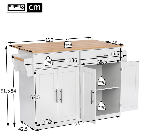 Contemporary Kitchen Storage Trolley with Foldable Dropleaf, Spacious Buffet with Towel Holders, 120L x 71W x 91.5H cm, White+Natural Aosom UK
