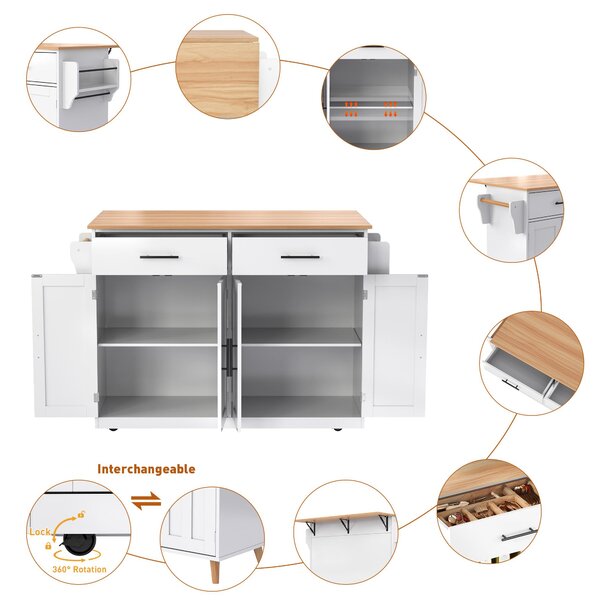Contemporary Kitchen Storage Trolley with Foldable Dropleaf, Spacious Buffet with Towel Holders, 120L x 71W x 91.5H cm, White+Natural Aosom UK