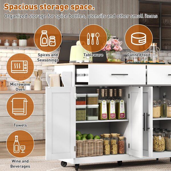 Contemporary Kitchen Storage Trolley with Foldable Dropleaf, Spacious Buffet with Towel Holders, 120L x 71W x 91.5H cm, White+Natural Aosom UK