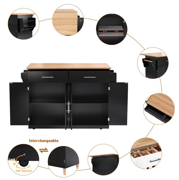 Contemporary Kitchen Storage Trolley with Foldable Dropleaf, Spacious Buffet with Towel Holders, 120L x 71W x 91.5H cm, Black+Natural Aosom UK