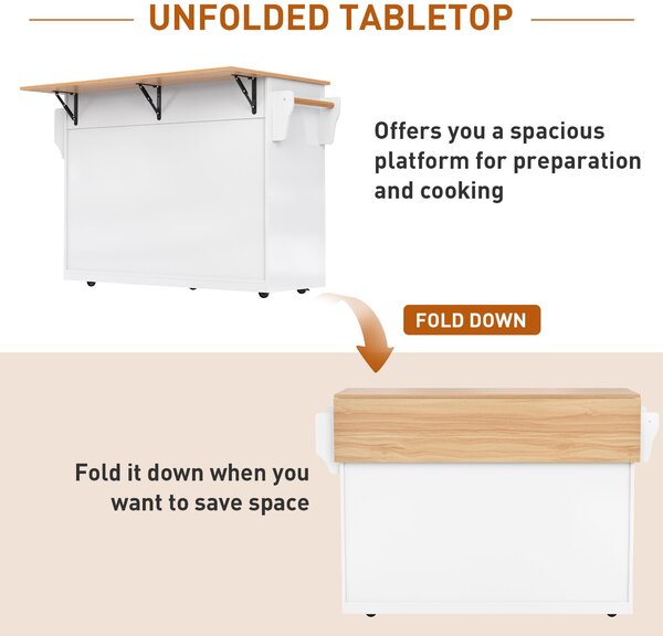 Contemporary Kitchen Storage Trolley with Foldable Dropleaf, Spacious Buffet with Towel Holders, 120L x 71W x 91.5H cm, White+Natural Aosom UK