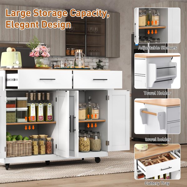 Contemporary Kitchen Storage Trolley with Foldable Dropleaf, Spacious Buffet with Towel Holders, 120L x 71W x 91.5H cm, White+Natural Aosom UK