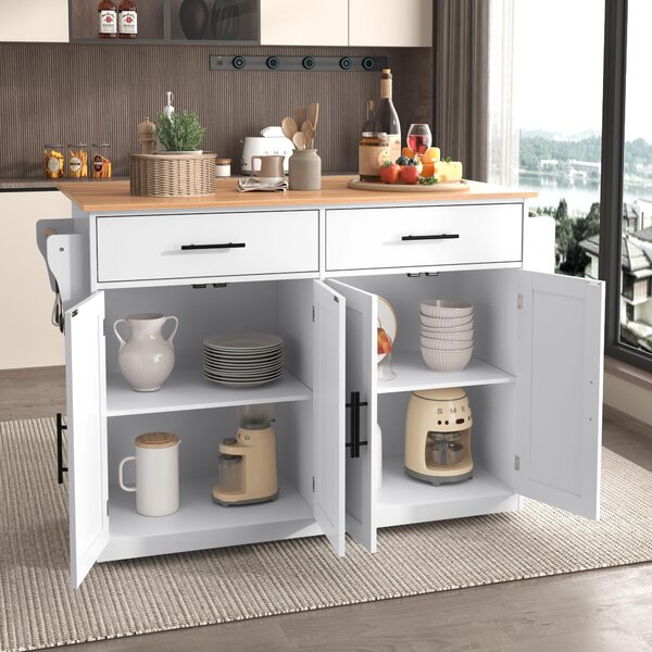Contemporary Kitchen Storage Trolley with Foldable Dropleaf, Spacious Buffet with Towel Holders, 120L x 71W x 91.5H cm, White+Natural Aosom UK