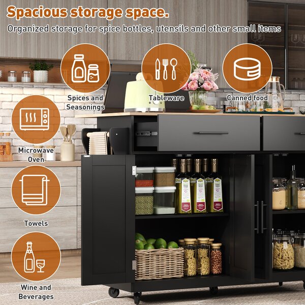 Contemporary Kitchen Storage Trolley with Foldable Dropleaf, Spacious Buffet with Towel Holders, 120L x 71W x 91.5H cm, Black+Natural Aosom UK