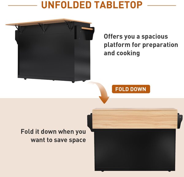 Contemporary Kitchen Storage Trolley with Foldable Dropleaf, Spacious Buffet with Towel Holders, 120L x 71W x 91.5H cm, Black+Natural Aosom UK