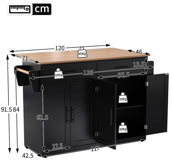 Contemporary Kitchen Storage Trolley with Foldable Dropleaf, Spacious Buffet with Towel Holders, 120L x 71W x 91.5H cm, Black+Natural Aosom UK