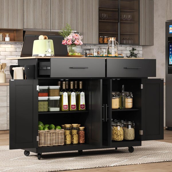 Contemporary Kitchen Storage Trolley with Foldable Dropleaf, Spacious Buffet with Towel Holders, 120L x 71W x 91.5H cm, Black+Natural Aosom UK