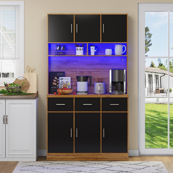 Stylish Tall Pantry Cabinet with App-Controlled LED, Spacious Larder Unit with Water-Resistant Worktop, 100L x 40W x 180H cm, Natural+Black Aosom UK