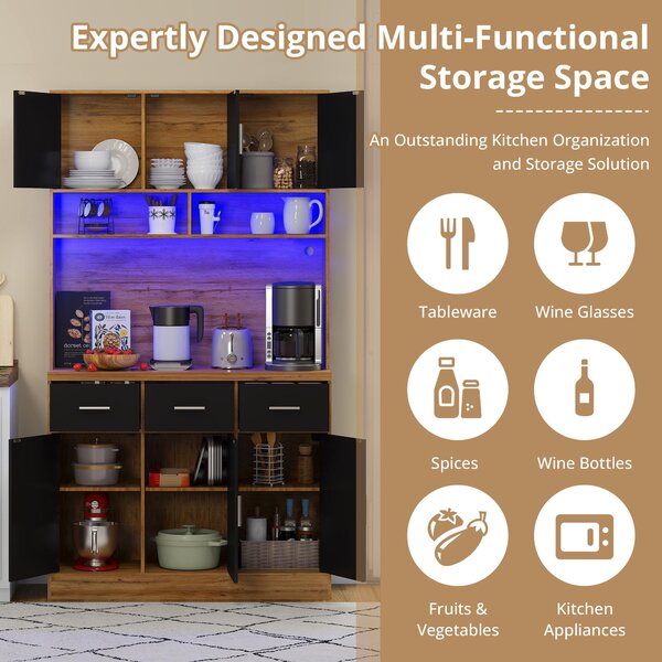 Stylish Tall Pantry Cabinet with App-Controlled LED, Spacious Larder Unit with Water-Resistant Worktop, 100L x 40W x 180H cm, Natural+Black Aosom UK
