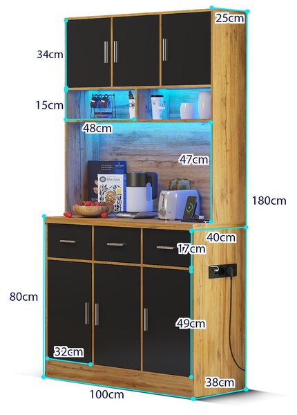 Stylish Tall Pantry Cabinet with App-Controlled LED, Spacious Larder Unit with Water-Resistant Worktop, 100L x 40W x 180H cm, Natural+Black Aosom UK